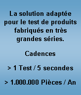 Zone de Texte: La solution adapt�e pour le test de produits fabriqu�s en tr�s grandes s�ries.Cadences> 1 Test / 5 secondes> 1.000.000 Pi�ces / An